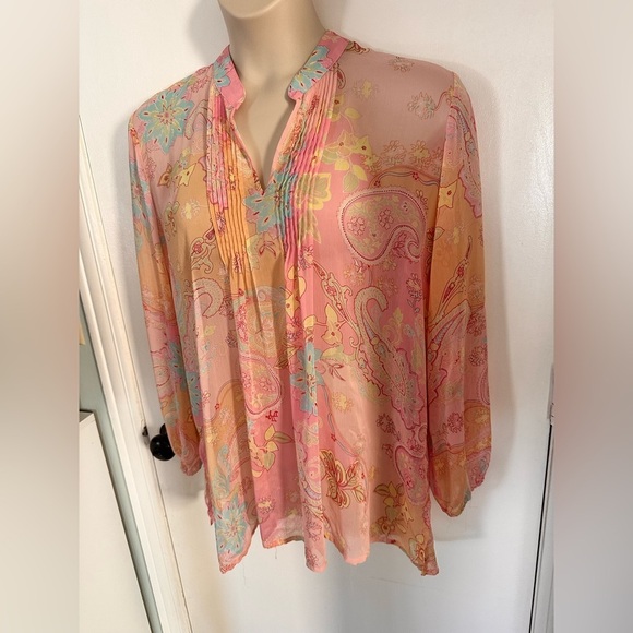 Susan Graver Tunic Blouse Women Pink Sheer Paisley Chiffon Peasant 1X #1688 - Picture 4 of 9